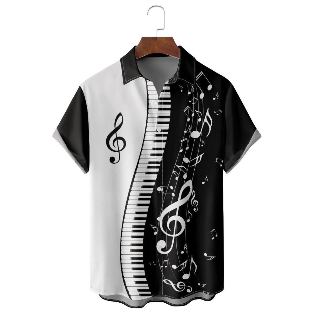 NWT Garamode Men's Casual Music Symbol Patchwork Print Shirt Size 2XL Color Blac